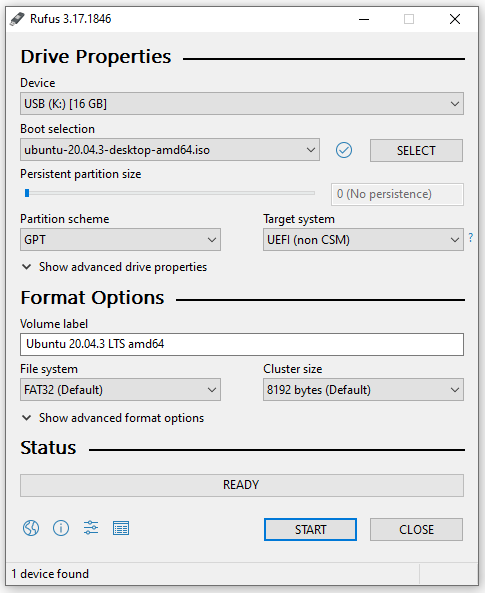 Rufus settings for GPT and UEFI