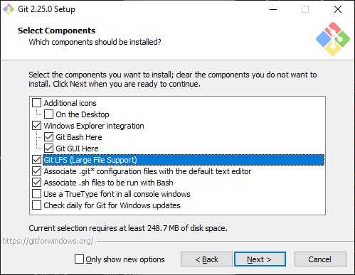 Make sure "Git LFS (Large File Support)" is selected