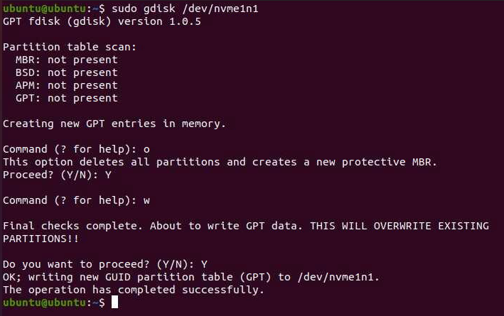 Using gdisk to create a new GPT on the install media
